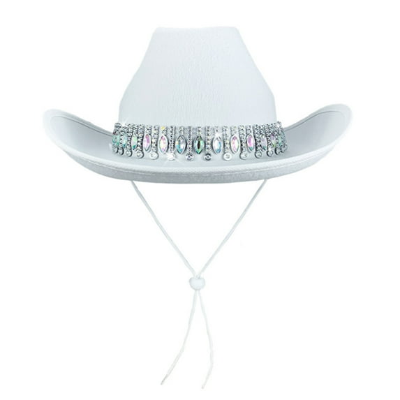 Women's Shiny Rhinestone Cowgirl Hat Wide Brim Glitter Western Cowboy Classic Western Hat for Holiday Party White