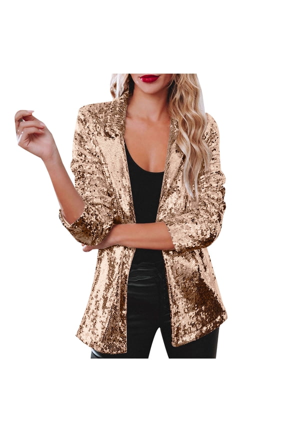 Women's Shiny Sequin Open Front Blazer Coat Lapel Long Sleeve Cardigan Jacket Casual Long Sleeve Sparkly Cardigan Coat Party Christmas Overcoat