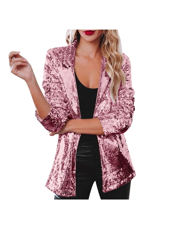 Women's Shiny Sequin Open Front Blazer Coat Lapel Long Sleeve Sparkly Cardigan Jacket for Evening Party