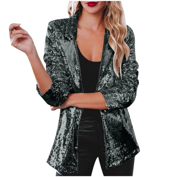 Women's Shiny Sequin Open Front Blazer Coat Lapel Long Sleeve Sparkly Cardigan Jacket for Evening Party
