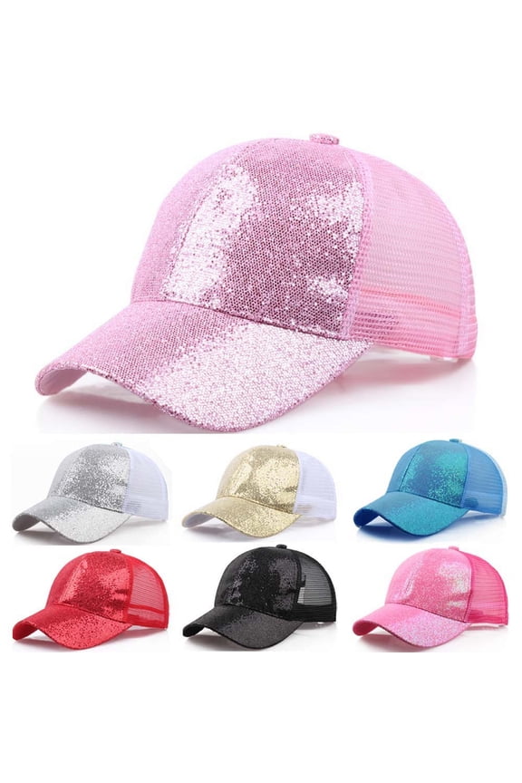 Women's Shiny Sequin Ponytail Baseball Cap Messy Bun Hat, Glitter Sparkle Adjustable Snapback Sun Visor Cap Breathable Outdoor Headwear for Parties