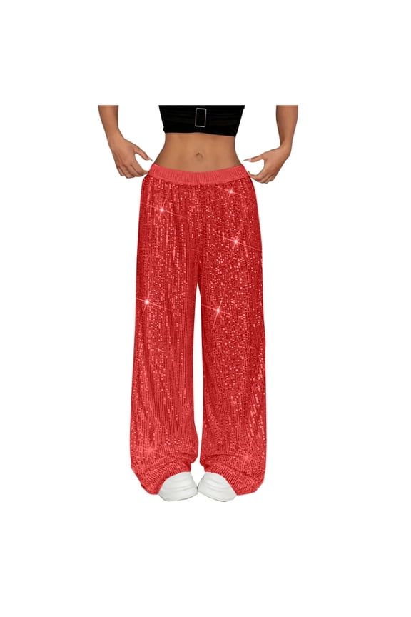 Women's Shiny Sequin Wide Leg Pants Elastic Waist Sparkly Baggy Pants for Party Club Night out Dance (XL, Red)