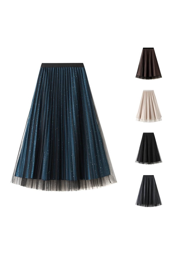 Women's Shiny Silk Pleated Skirt Mesh Midi Skirt Solid Color Reversible Waist Defining Party Black One Size