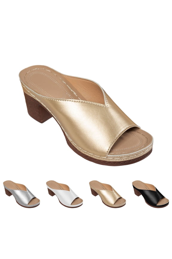 Women's Shiny Solid‑Color Slip‑on Chunky Heel Slides, Lightweight Non‑slip Platform Mules for All‑day Summer Wear Gold 36.00