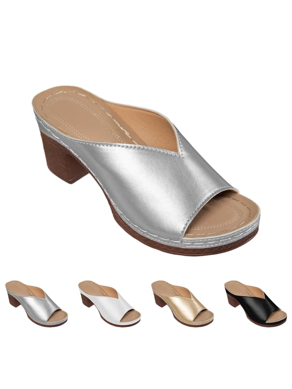 Women's Shiny Solid‑Color Slip‑on Chunky Heel Slides, Lightweight Non‑slip Platform Mules for All‑day Summer Wear Silver 38.00