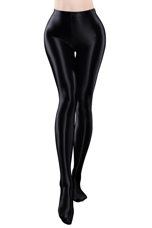 Women’s Shiny Tights Pantyhose Glossy Opaque Footed Stockings High Waist Pilates Yoga Leggings Trousers Stretch Wet Look Workout Sports Pants Clubwear