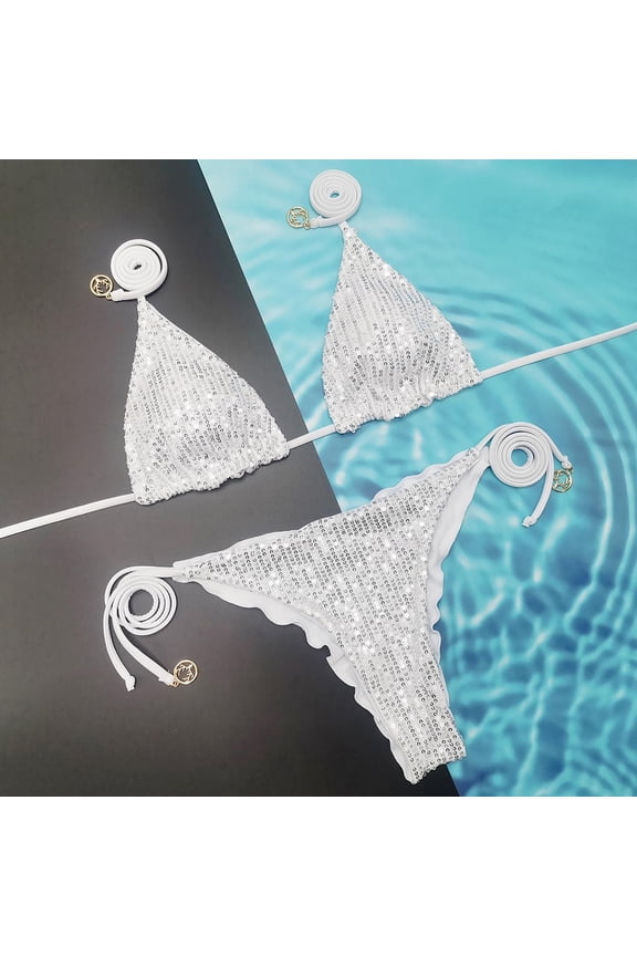 Women's Shiny Triangle Bikini Set Sequin Halter String Backless Two Piece Swimsuit Suit Color White Size S