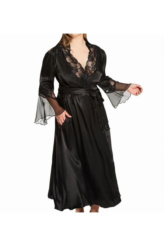 Women's Shirley of Hollywood X20559 Plus Size Chiffon Charmeuse Long Robe (Black 1X-2X)