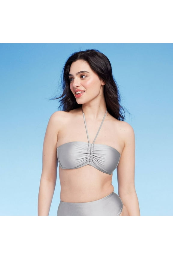 Women's Shirred Front Halter Bandeau Bikini Top - Shade & Shore Silver Shine S