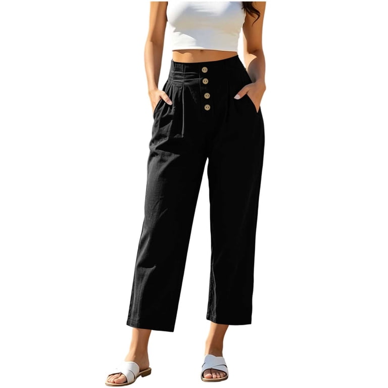 cropped black dress pants Miluxas Women's Shirred High Rise Straight Leg Button Decor Trousers with Pockets Business Casual Pants Work office Slacks Fashionable solid color skinny