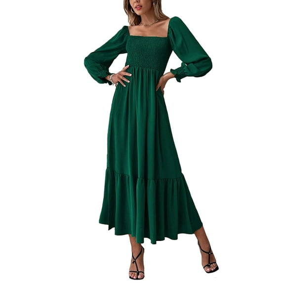Women's Shirred Long Sleeve Boho Dress A Line Ruffle Swing Midi Dress, Green, Small