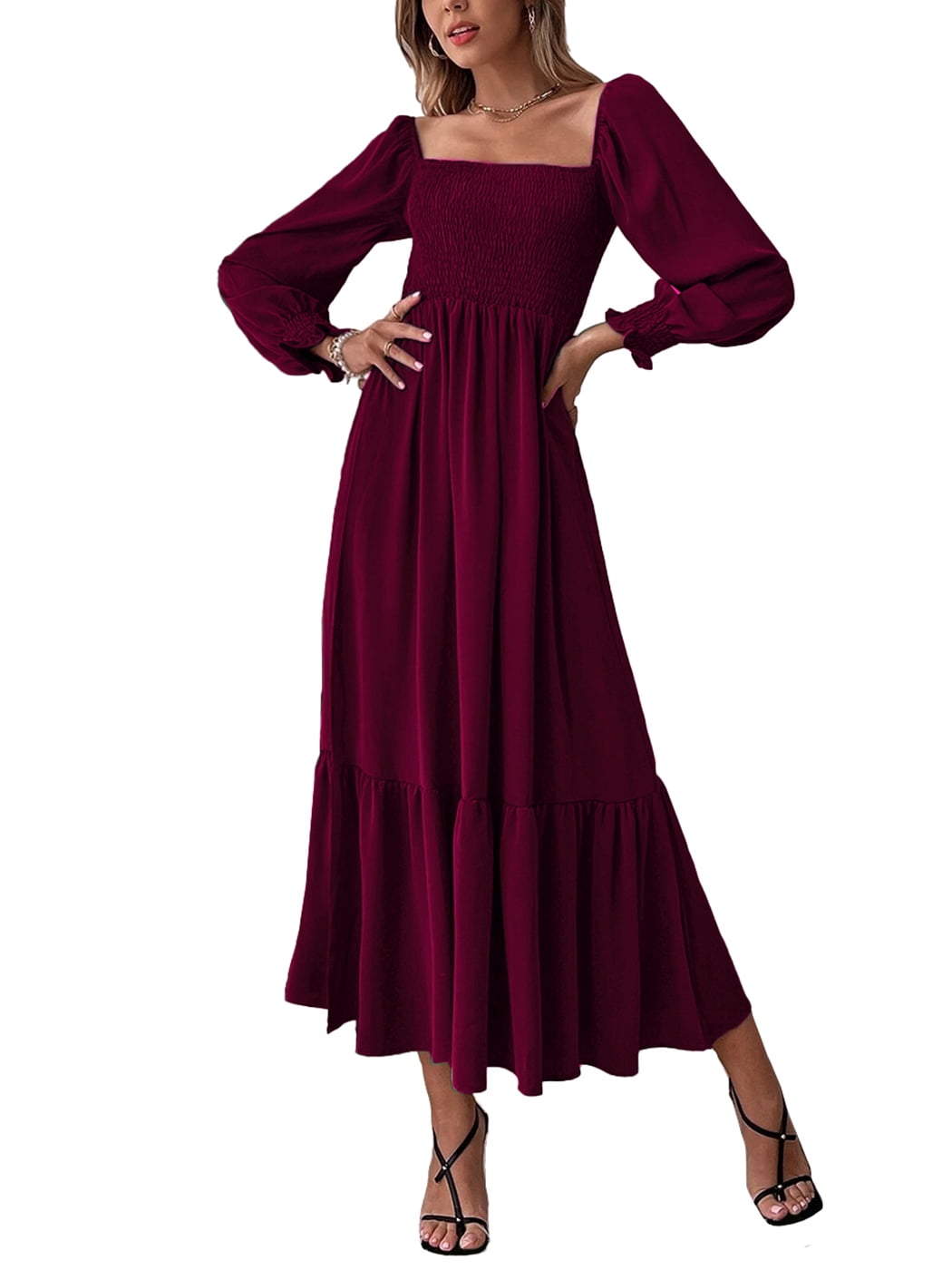 wine colored boho dress Feinuhan Women's Shirred Long Sleeve Boho Dress A Line Ruffle Swing Midi Dress, Wine Red, Medium