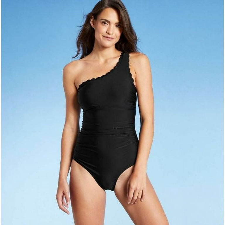 Women's Shirred Scallop One Shoulder One Piece Swimsuit - Kona Sol Black S,  Jet