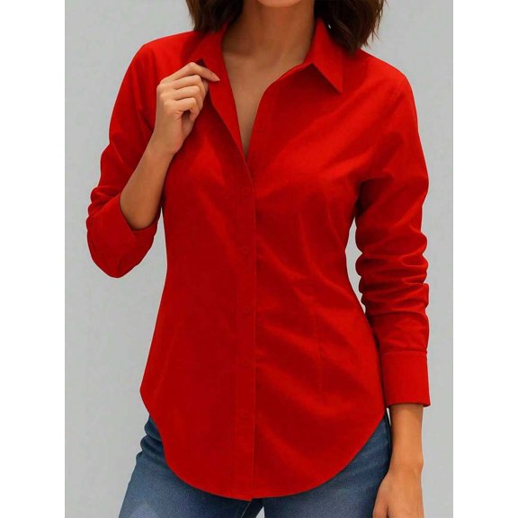 Women's Shirt Collared Button Down Long Sleeve Rolled Cuffs Fitted Slim Fit Top for Fall Spring Layering Office Commute Date Night Outfits
