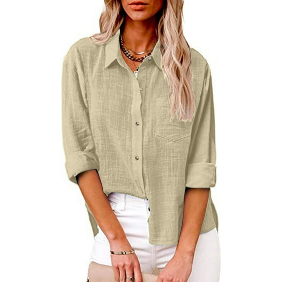Women's Shirt Cotton Linen Short Sleeve Plain Lapel Button Down Shirt Top Blouses and Tops Dressy for Work Plus Size