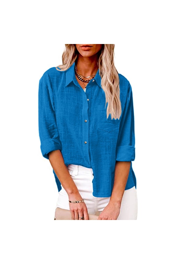 Women's Shirt Cotton Linen Short Sleeve Plain Lapel Button Down Shirt Top Blouses and Tops Dressy for Work Plus Size