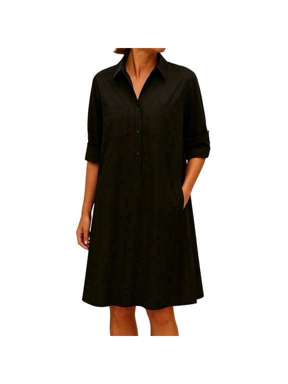 Women's Shirt Dress Collared Short Sleeve Shift Dress with Pockets Breathable Business Office Summer Dress for Ladies Black 3XL