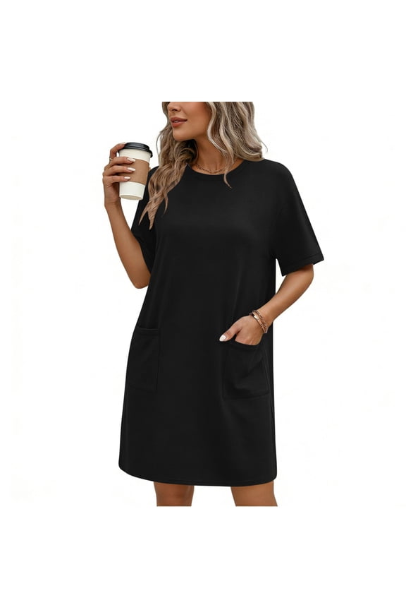 Women's Shirt Dresses 2026 Casual Classic Summer Cool Crew Neck Loose Short Sleeve Solid Color Vacation Shift Dresses with Pockets A-Black S-2XL