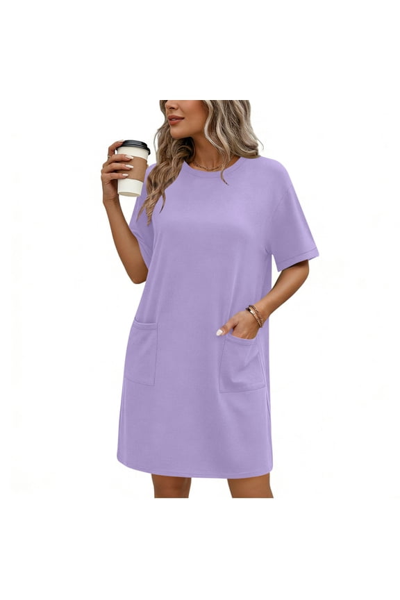 Women's Shirt Dresses 2026 Casual Classic Summer Cool Crew Neck Loose Short Sleeve Solid Color Vacation Shift Dresses with Pockets B-Purple S-2XL