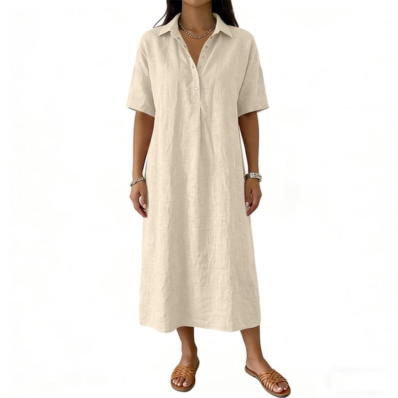 Women's Shirt Dresses Collared Short Sleeve Maxi Dress Breathable Relaxed Fit Vacation Resort Summer Dress Beige M