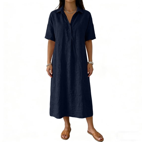 Women's Shirt Dresses Collared Short Sleeve Maxi Dress Breathable Relaxed Fit Vacation Resort Summer Dress Navy L