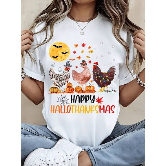 Women's Shirt Happy Chicken Pumpkin Print Graphic Tee Casual Fall Holiday Gift For Friends Family