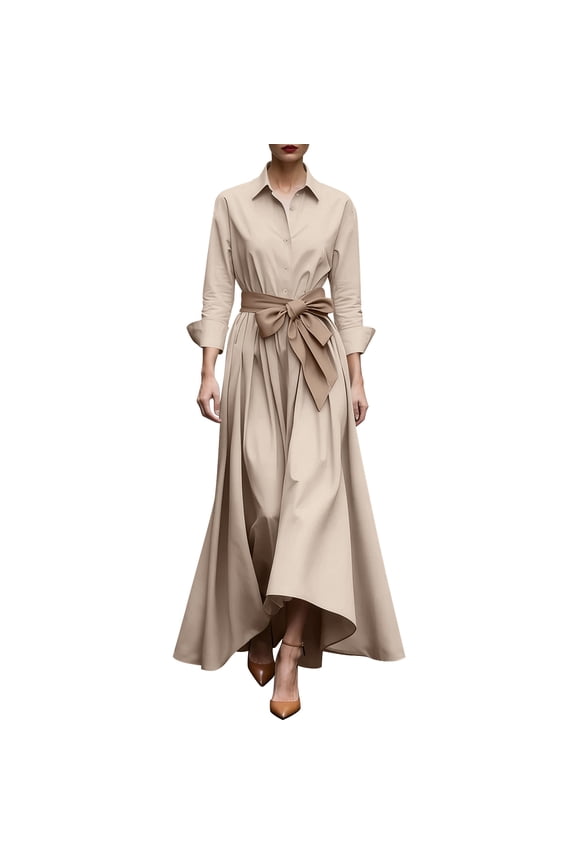 Women's Shirt Maxi Dress Collared Neck Long Sleeves Button Down Dress High Low Hem Flowy Long Dress with Belt