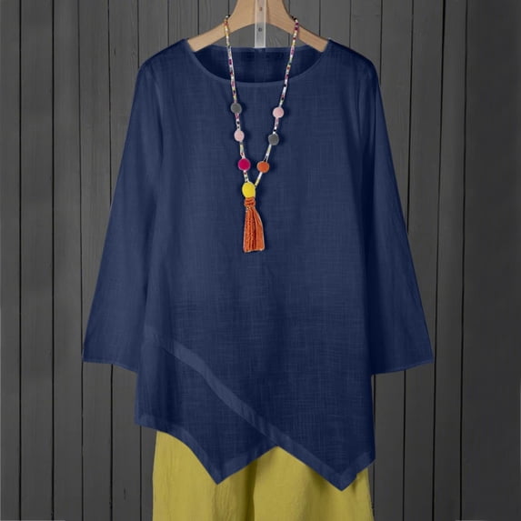 Women's Shirt Round Neck Irregular Hem Long Sleeve T Shirt Tops Solid Color 2025 Summer Casual Loose Shirt Womens Layering Shirts Long Sleeve Workout Shirts Loose Tee Shirts Womens Athletic Shirts