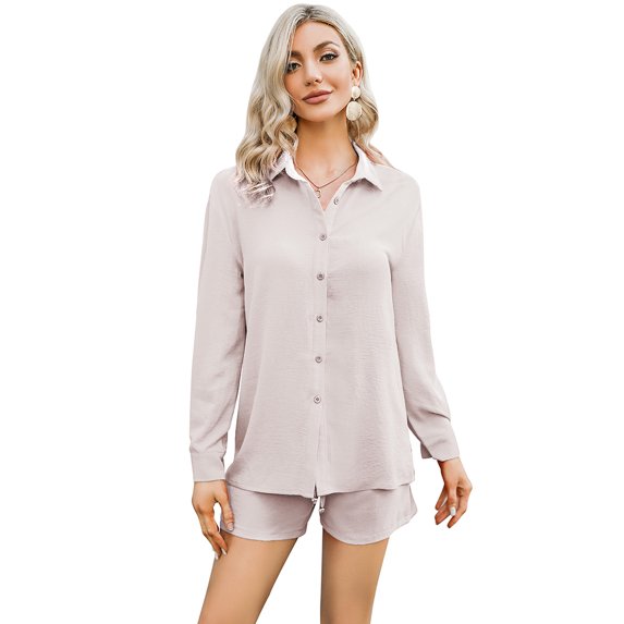 Women's Shirt Sets Casual Button Down 2 Piece Shirt Long Sleeve Short Outfit sets