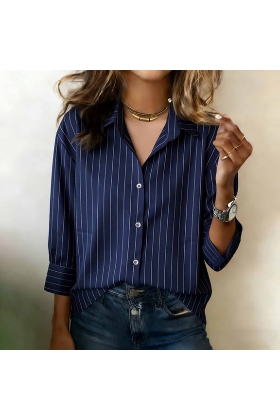 Women's Shirt, Slim Fit Vertical Striped Button Down Shirt, 3/4 Sleeve Business Casual Blouse, Office Wear Button Down Top, Professional Work Shirt for Women, Slim Fit Blouse Dark Blue S
