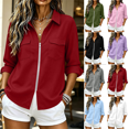 thumbnail image 1 of Women's Shirt Solid Long Sleeve Zipper Blouse Roll Up V Neck Collared Casual Tops with Pocket Vacation Wear Business Outfits, 1 of 8