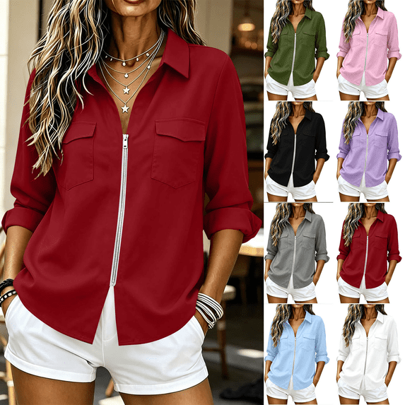 Women's Shirt Solid Long Sleeve Zipper Blouse Roll Up V Neck Collared Casual Tops with Pocket Vacation Wear Business Outfits