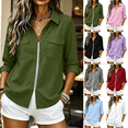 thumbnail image 1 of Women's Shirt Solid Long Sleeve Zipper Blouse Roll Up V Neck Collared Casual Tops with Pocket Vacation Wear Business Outfits, 1 of 8