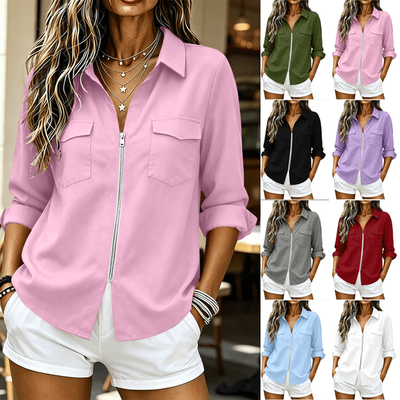 Women's Shirt Solid Long Sleeve Zipper Blouse Roll Up V Neck Collared Casual Tops with Pocket Vacation Wear Business Outfits