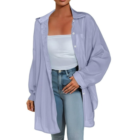Women's Shirt Transparent Anti-UV Sun Protection Long Sleeve Button-Up Loose Casual Summer Top | Yubnlvae (Light blue | A)