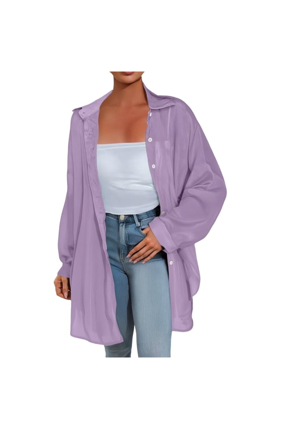 Women's Shirt Transparent Anti-UV Sun Protection Long Sleeve Button-Up Loose Casual Summer Top | Yubnlvae (Purple | A)