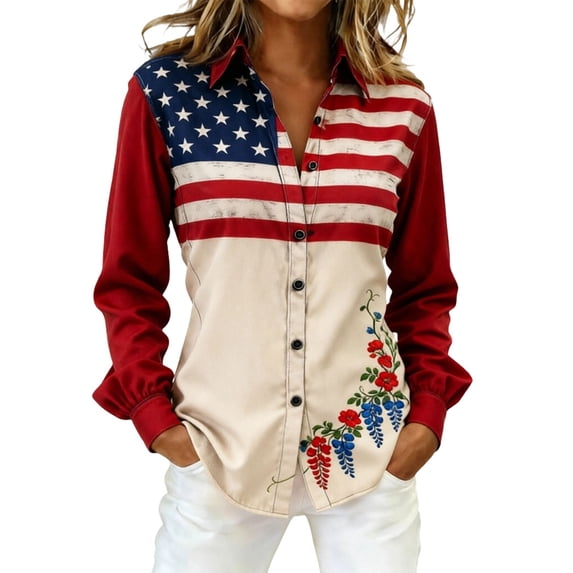 Women's Shirts 250 Anniversary USA Shirt Button Up Floral & Flag Long Sleeves Shirt for Women (B-Beige XXL)