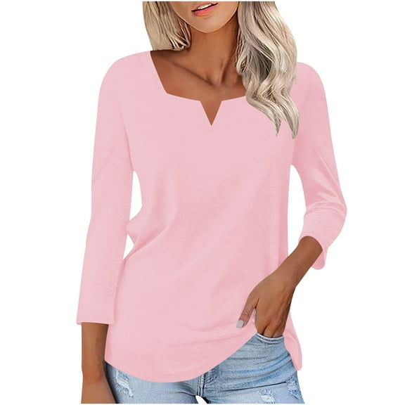 Women's Shirts 3/4 Length Sleeve V-Neck Blouses Tops Fashion Solid Color T-Shirt Slim Dressy Tunic Top Loose Casual Pullover Womens 2025 Clothing