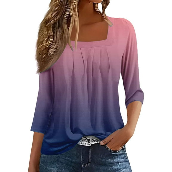 Women's Shirts Blouses, Yigetop A Vintage Solid Color T Shirt with A Square Neck for Ladies A Casual Pleated Loose and Flowing Three Quarter Sleeve Top Work Blouses for Women Purple 3XL