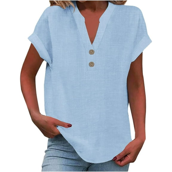 Women's  Shirts - Breathable Short Sleeve Tunics  with V Neck & Artisan Detailing