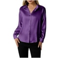 thumbnail image 1 of Women's Shirts Casual Satin Solid Color Lapel Button Lightweight Comfy Long Sleeve Shirts Purple 2XL, 1 of 6