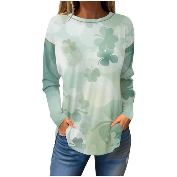 Women's Shirts Casual St. Patrick's Day Print Blouses Round Neck Long Sleeve T-Shirt Loose Pullover Shirt Tops