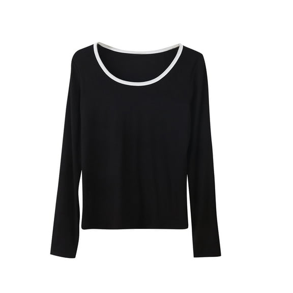 Women's Shirts Comfortable Modal Cotton Base Shirts Spring Summer Long Sleeve Blouses Casual Loose Round Neck Color Block Pullover Top Black XXL
