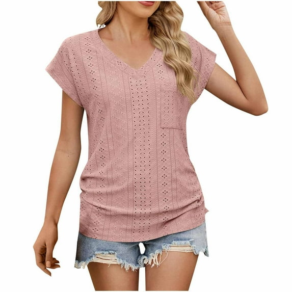 Women's Shirts Fashion Casual Blouses Spring and Summer New Solid Color V-Neck Pocket Shoulder Short Sleeve T-Shirt Top