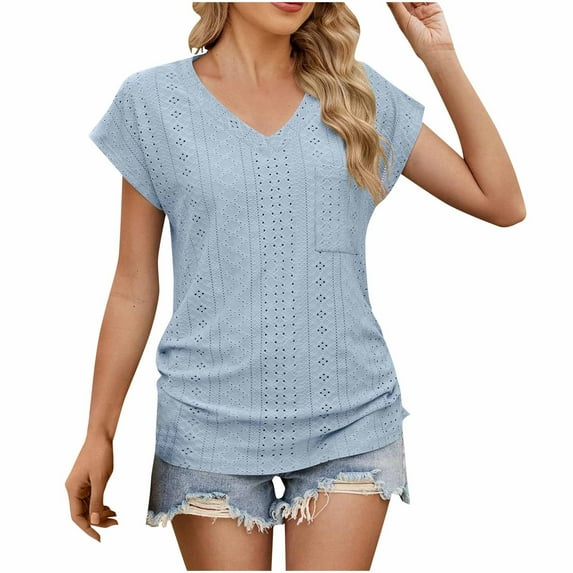 Women's Shirts Fashion Casual Blouses Spring and Summer New Solid Color V-Neck Pocket Shoulder Short Sleeve T-Shirt Top