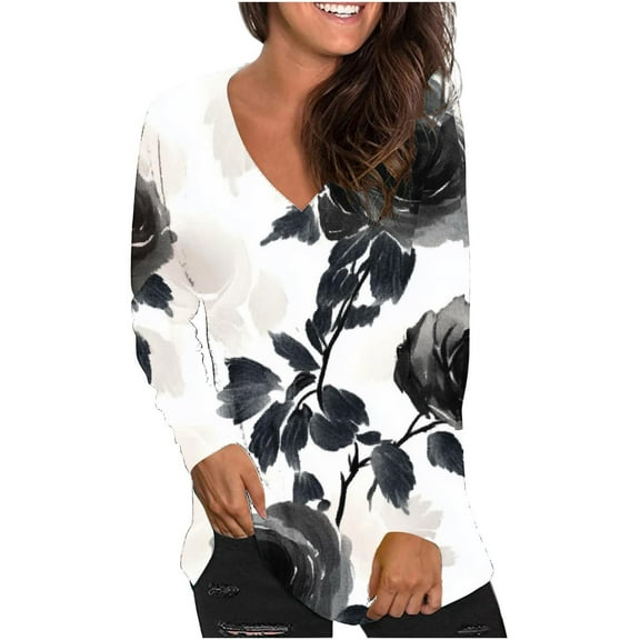 Women's Shirts Fashion Floral Print Dressy Blouses Casual V-Neck Shirt Pullover Long Sleeve Loose Work Tops Spring Summer Outdoor,Beach,Vacation Top Style09 XXL