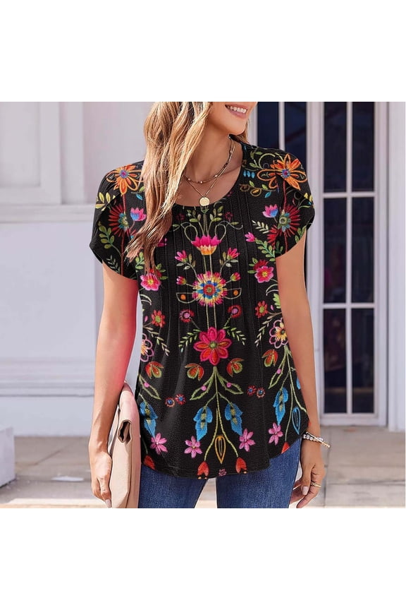 Women's Shirts Fashion Spring Element Flowers Printed Round Neck T-Shirts Womens Summer Casua Loose Short Sleeve Tops