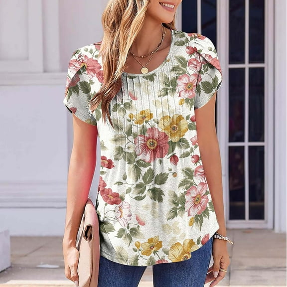 Women's Shirts Fashion Spring Element Full Flower Printed Round Neck T-Shirts Womens Summer Casua Loose Short Sleeve Tops