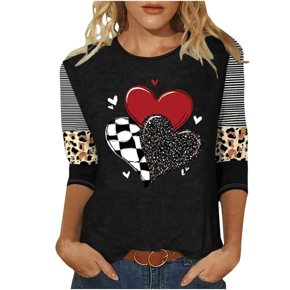 Women's Shirts Fashion Valentine's Day Holiday Love Heart Printed Shirts Tops Casual 3/4 Sleeve Top Spring Summer T Shirt Loose Round Neck Blouses