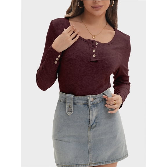 Women's Shirts Long Sleeve Casual Fall Top Button Ribbed Knit Basic Blouses